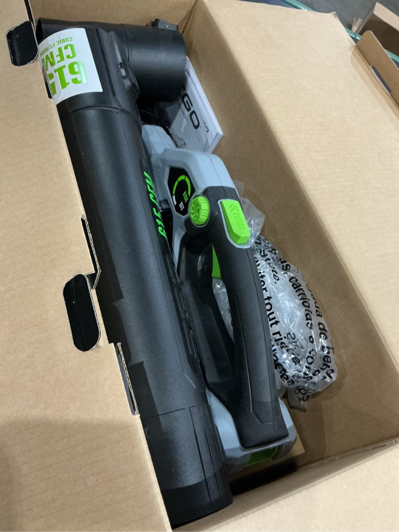 Condition photo showing As Is for ego power+ 56-volt 615-cfm 170-mph battery handheld leaf blower 2.5 ah battery included charger included