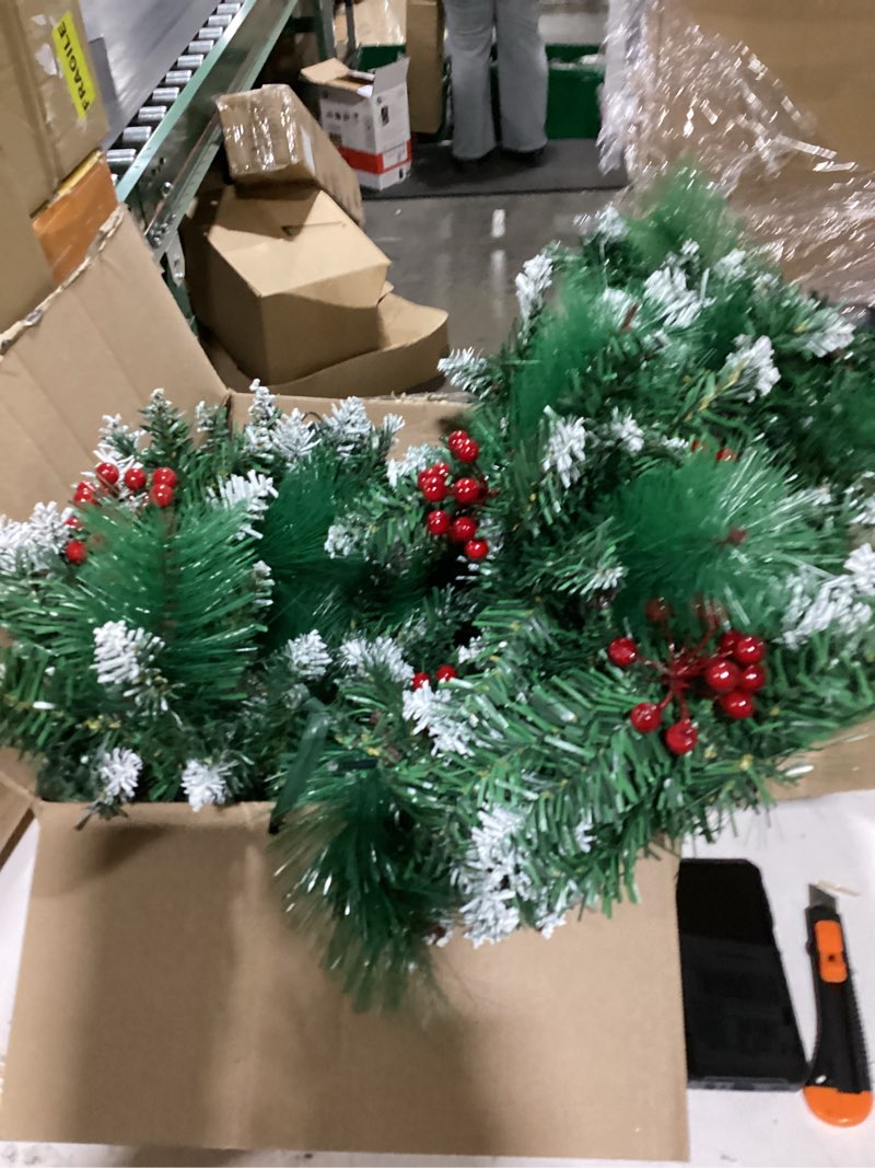 Condition photo showing New/Like New for christmas garland with lights - 9ft pre-lit flocked garland with 50 led bulbs, red berries, pine cones, artificial pine battery operated garland for fireplace, staircase, indoor & outdoor decoration