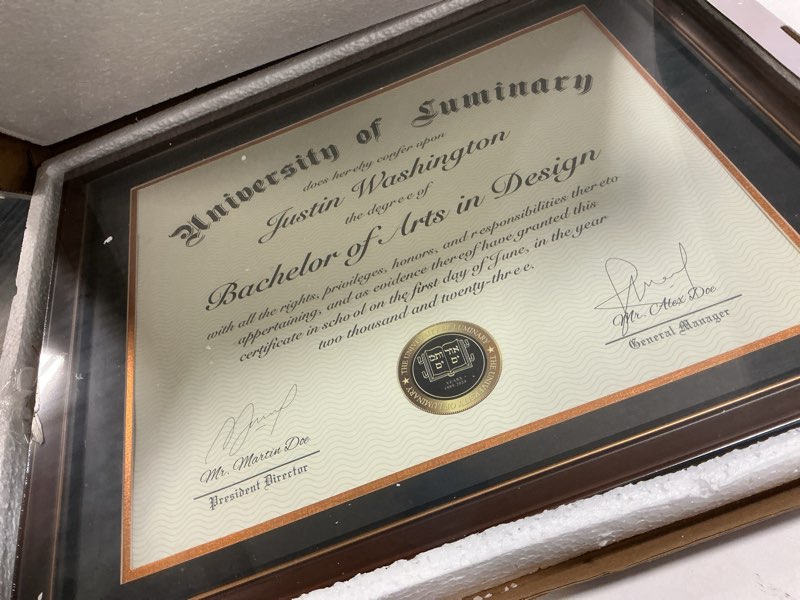 Condition photo showing Good Condition for luminary 16x20 wood diploma frame with 14x17 opening black mat for college degree certificate document, walnut color wooden frame with tempered glass panel for wall mount display black mat 16x20 for 14x17