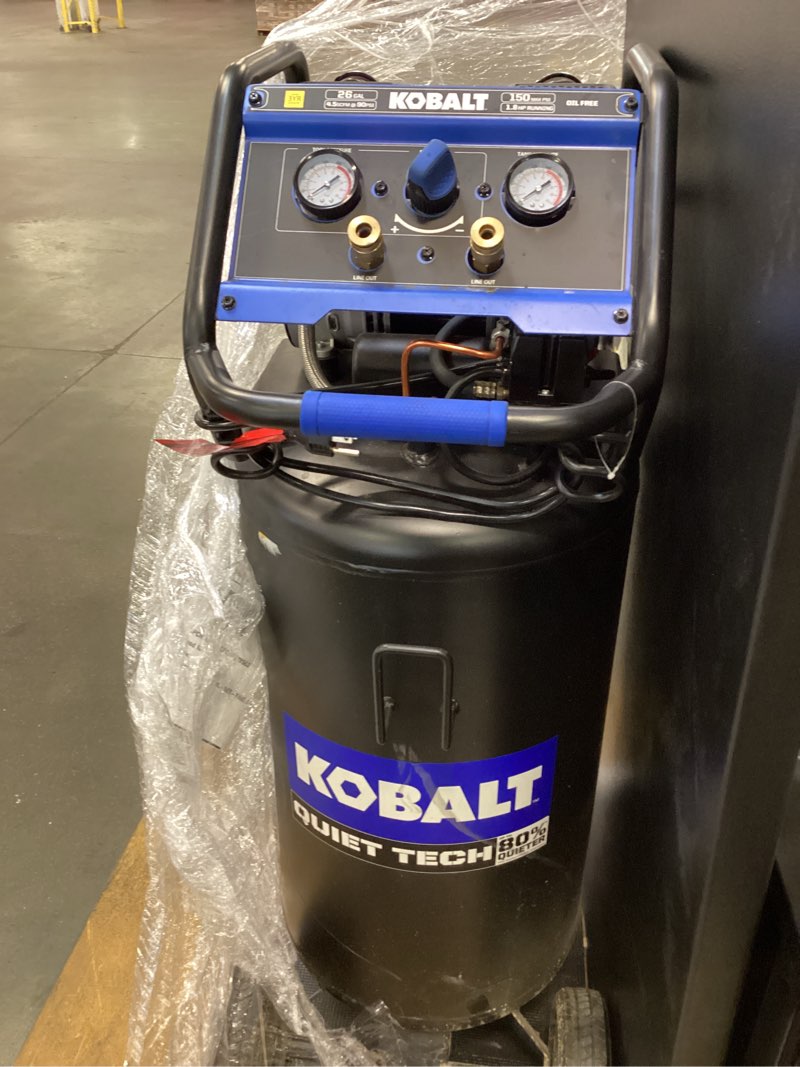 Condition photo showing As Is for Kobalt QUIET TECH 26-Gallon Portable Electric 150 PSI Vertical Air