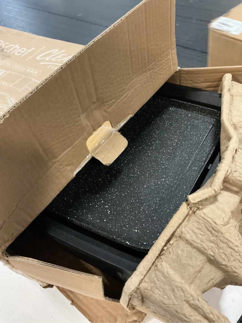 Condition photo showing As Is for cleansnap everyday electric griddle, 20” nonstick grill with foldable anti-mess shield, 1700w fast heating, ilag ultimate coating, dishwasher-safe removable plate, midnight black 20 x 12" midnight black