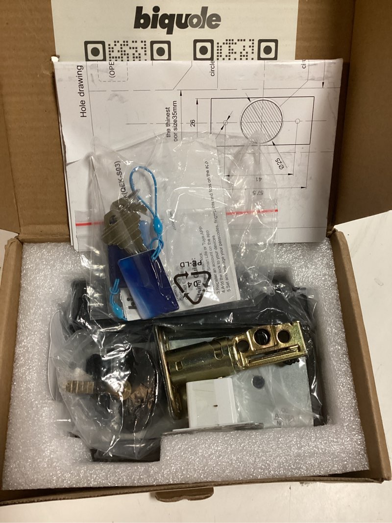 Condition photo showing As Is for smart deadbolt lock, fingerprint keyless entry door lock app control, electronic touchscreen keypad, auto locking, ip54 weatherproof, easy install digital deadbolt for front door glossy black no handle