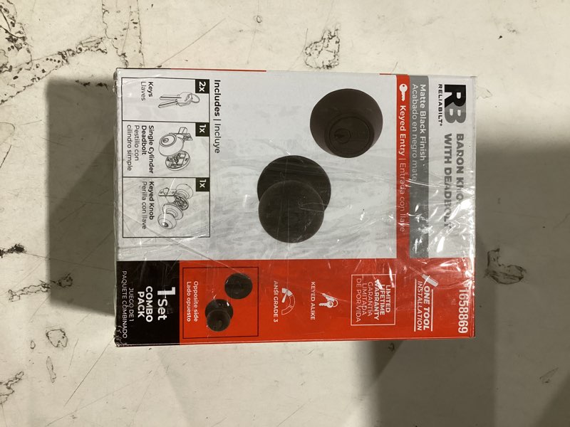 Condition photo showing item condition for RELIABILT Baron Matte Black Exterior Single-Cylinder Deadbolt and Keyed Entry Door Knob