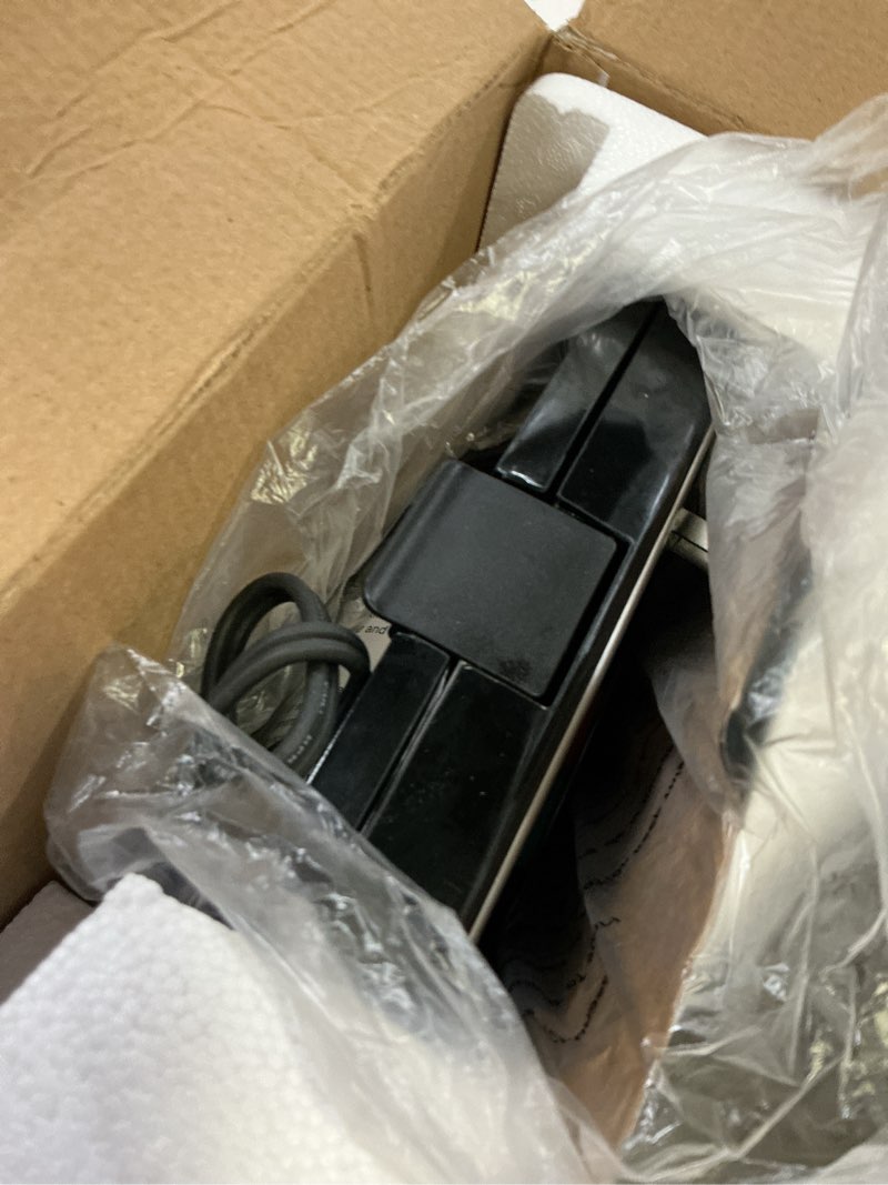 Condition photo showing As Is for ovente electric sandwich maker with non-stick plates, indicator lights, cool touch handle, easy to clean and store, perfect for cooking breakfast, grilled cheese, tuna melts and snacks, black gps401b