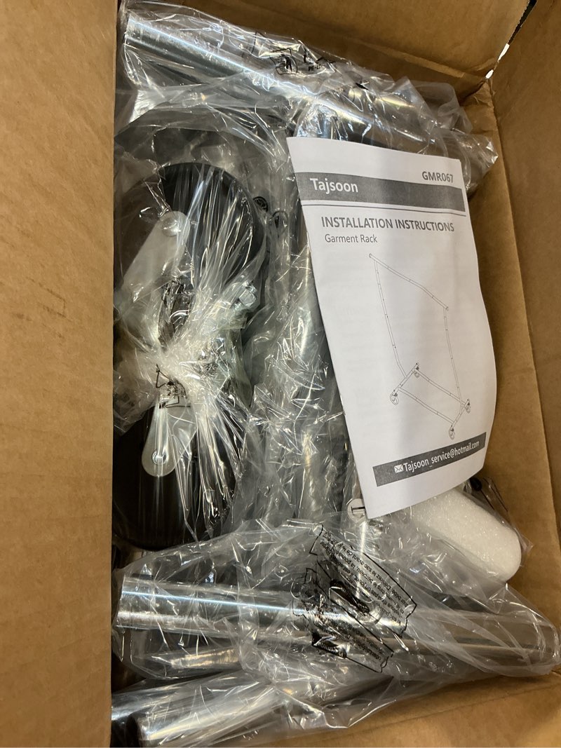 Condition photo showing As Is for Tajsoon Clothing Rack Heavy Duty Clothes Racks Foldable Garment Rack with Wheels and Extendable Rod, Collapsible Clothing Rack Max Capacity 250lbs, Industrial Rolling Racks with Bottom Shelf, Chrome Chrome Single Rod Commercial