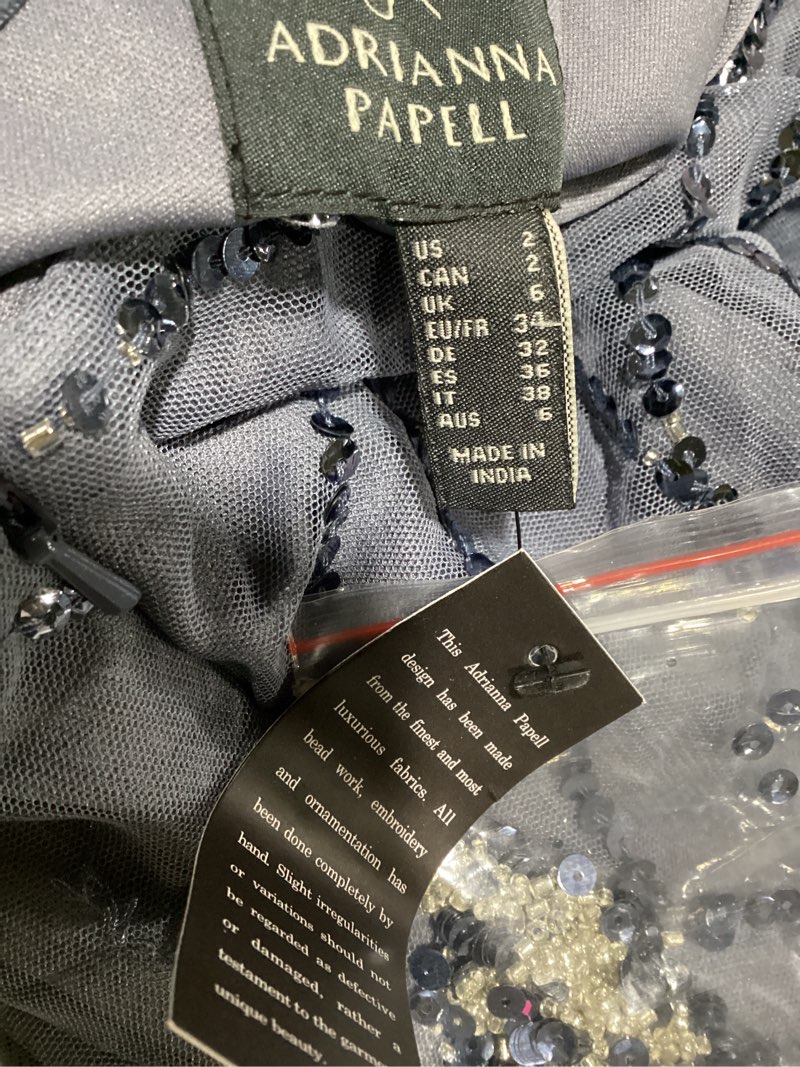 Condition photo showing New/Like New for adrianna papell women's long beaded dress dusty blue 2