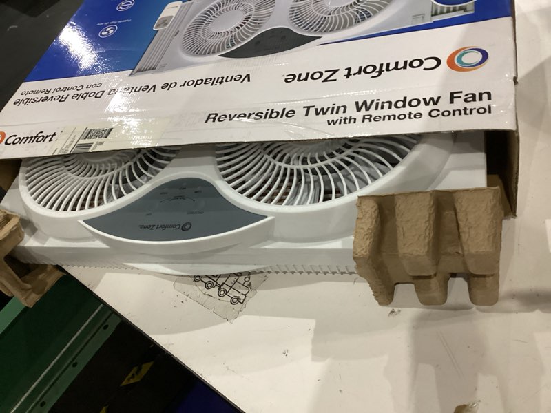 Condition photo showing As Is for comfort zone 9   reversible twin window fan with remote control  white