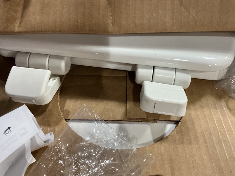 Condition photo showing As Is for mayfair linden slow close toilet seat, non slip heavy duty wood, easy install, elongated, white