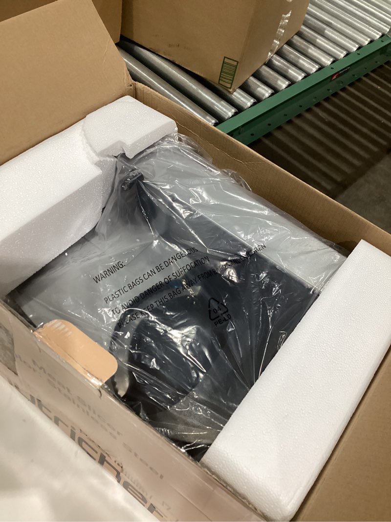 Condition photo showing Good Condition for Nutrichef Electric Meat Slicer | 200W Automatic Meat, Deli & Bread Slicer | Adjustable Dial for 0-15mm Cutting Range Thickness | Removable 7.5 IN Stainless Steel Blade & Food Pusher for Safety (Black)