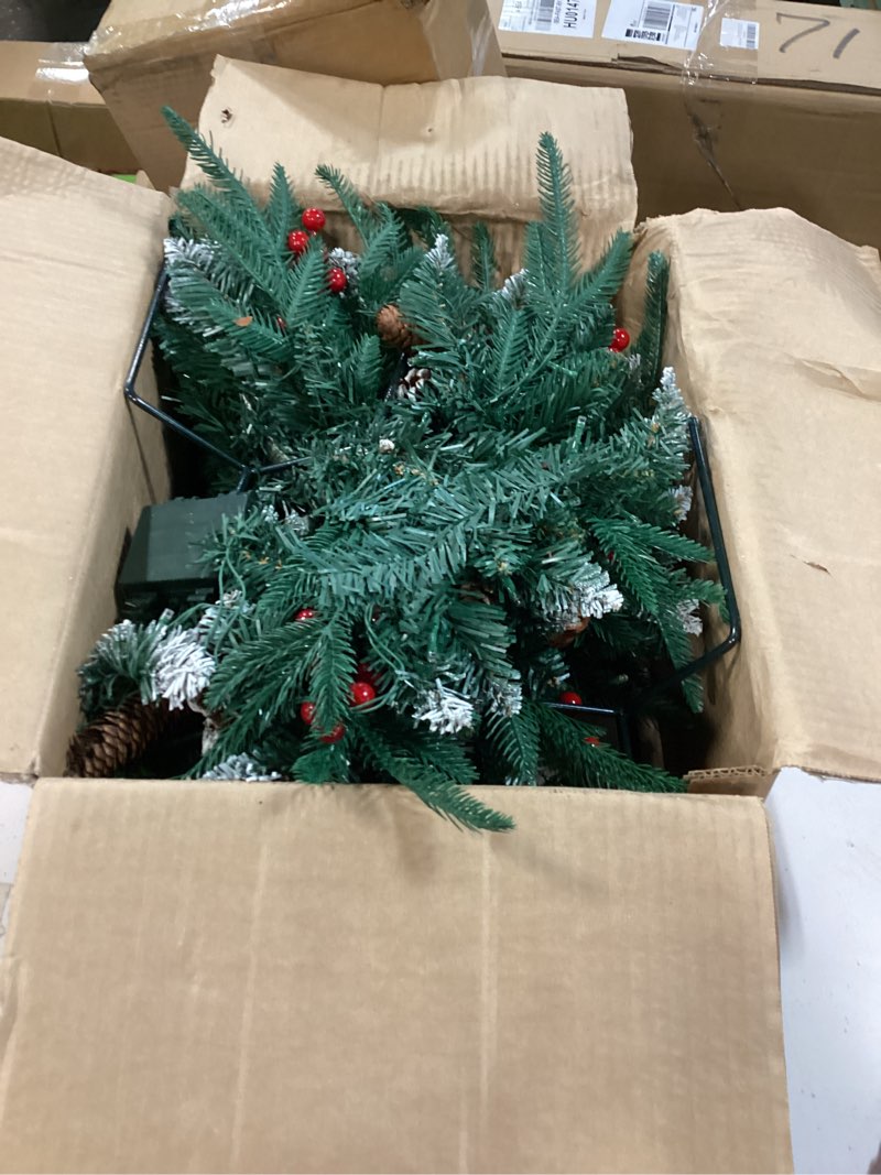 Condition photo showing As Is for Prelit Christmas Urn Filler, 2 Pack Battery Operated Aritificial Outdoor Christmas Tree Urn Filler with Lights, Decorated Holiday Planters Xmas Pot Filler for Front Porch