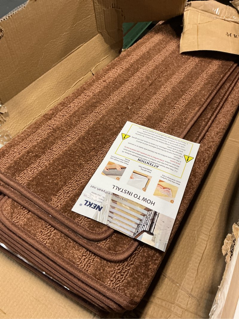 Condition photo showing Good Condition for Bullnose Stair Treads Non Slip 9.5" x 32", 14 Pcs Carpet Stair Treads for Wooden Steps Indoor with Edge Protection, Reusable Peel and Stick TPU Backing Stair Runner Rugs - Line Pattern Brown 9.5*32 INCH Brown (Line Pattern) 14