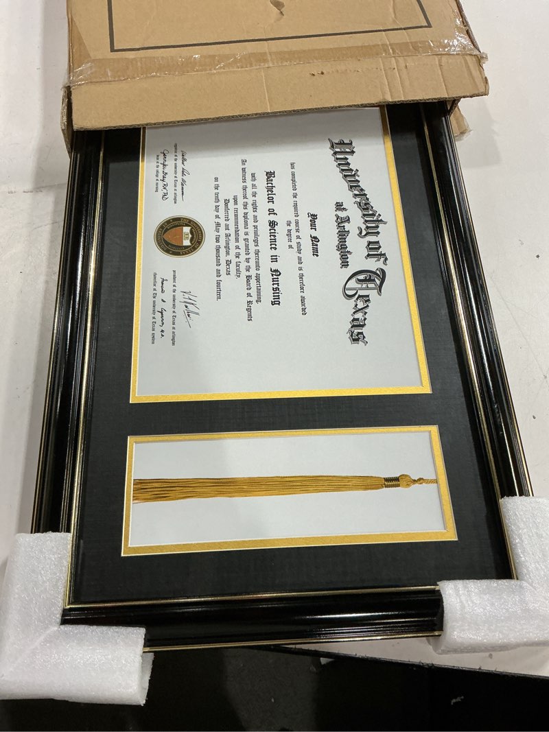 Condition photo showing New/Like New for GraduationMall 11x17 Black Wood Diploma Frame with Tassel Holder for 8.5x11 Certificate Document,Real Glass,Black over Gold Mat Black With Gold Trim Diploma + Tassel