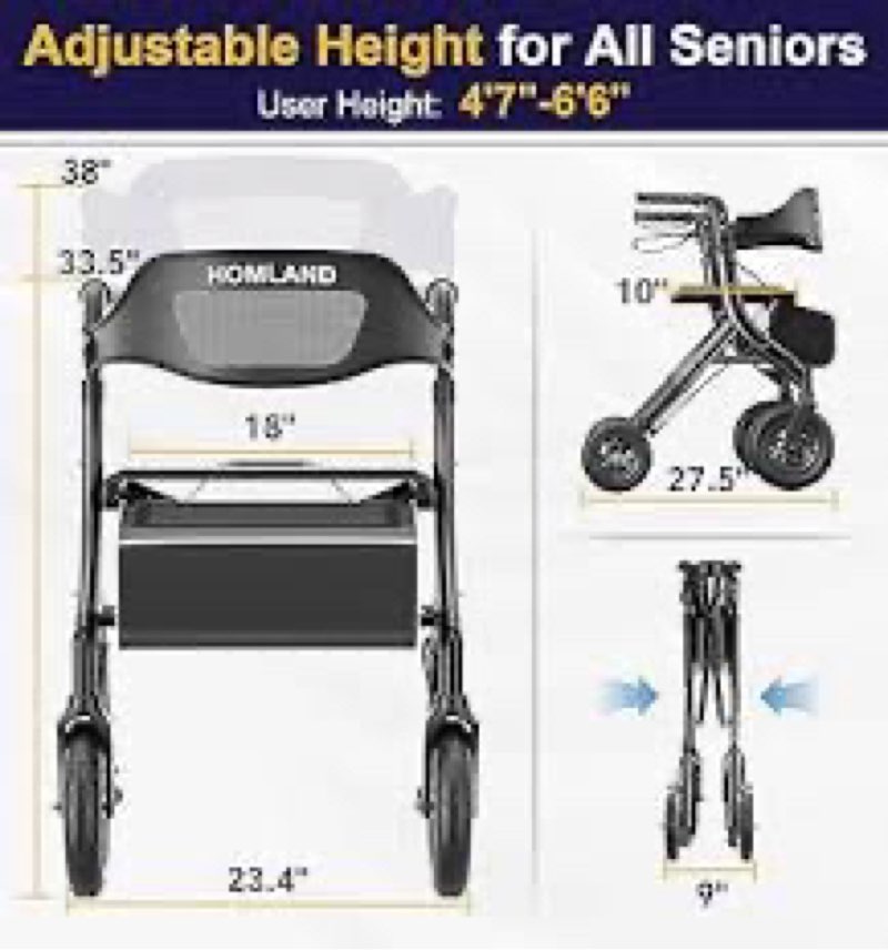 HOMLAND Foldable Rollator Walkers for Seniors with Seat, 10" All-Terrain Wheels & Curb Climber, 16.4 lb Lightweight Walker with Lockable Brakes, 300 lbs Capacity, Black