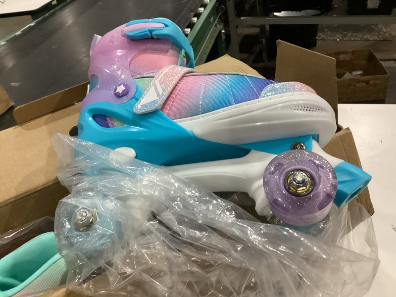 Condition photo showing Good Condition for rainbow roller skates for girls kids, gradient pink purple 4 size adjustable quad skates size xs s, m, l ages 3-12 with all light up wheels for kids youth outdoor indoor blue large(us 4.5-7.5)youth