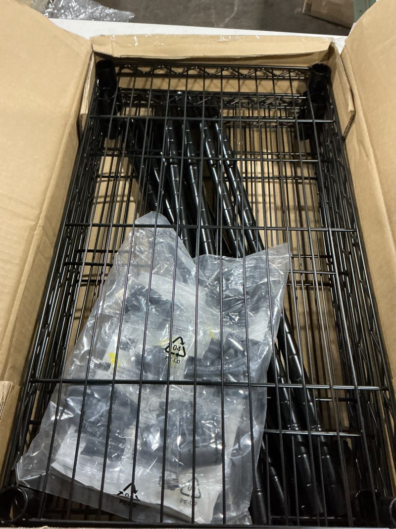 Condition photo showing As Is for Amazon Basics 4-Shelf Steel Wire Storage Rack, Adjustable, Sturdy, Easy Assembly, 13.4 D x 23.2 W x 48 H in, Black