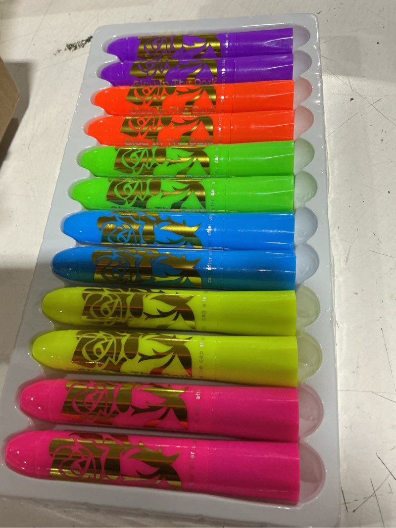 Condition photo showing New/Like New for 12 pcs glow face body paint, glow in the dark under uv black light sticks makeup neon face painting kits for adult halloween festival accessory glow party supplies