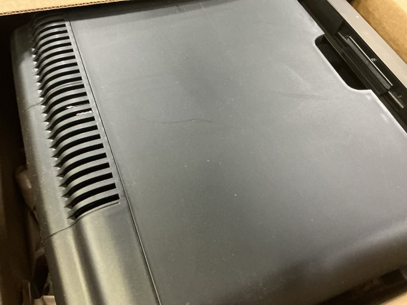 Condition photo showing As Is for frigidaire mini personal fridge cooler, countertop, holds up to 10l/15 cans, brushed black stainless rugged design, portable for skincare, makeup, car, office, bedroom, dorm room, or cabin