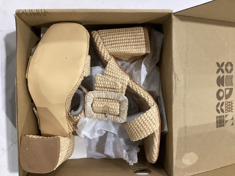 Condition photo showing Good Condition for ancomafio womens heeled sandals raffia sandals square open toe chunky block heels double strap summer dressy mules slip on