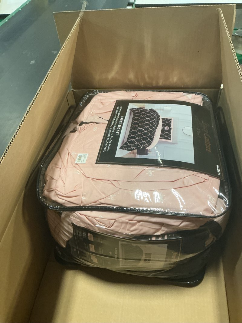 Condition photo showing New/Like New for juicy couture black link logo printed comforter set, queen – complete 8-piece bed in a bag collection black queen