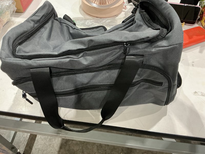 Condition photo showing Good Condition for gym bag for men women, small fitness workout sports duffle bag with wet pocket & shoes compartment, water resistant overnight weekender duffel bag in grey