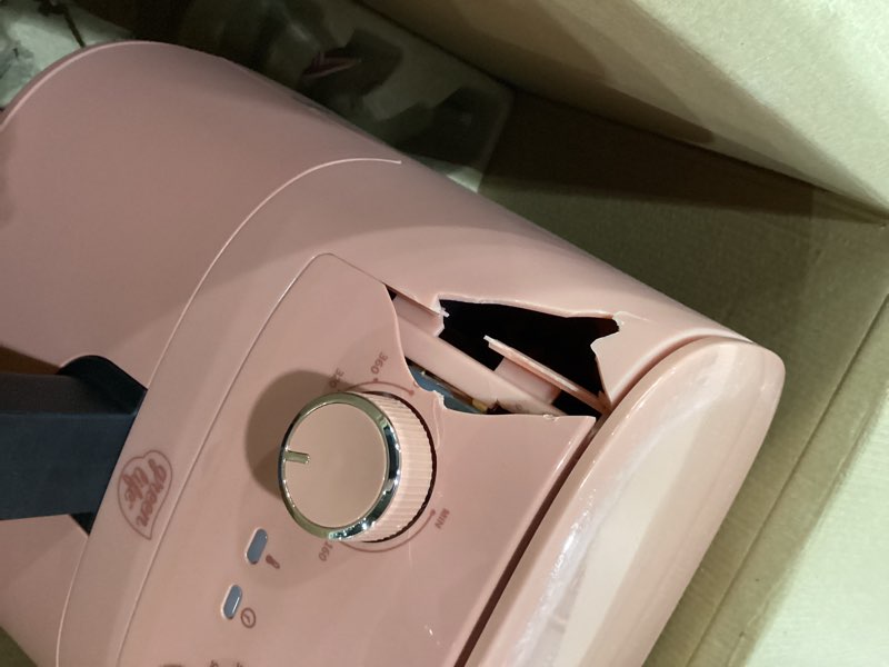 Condition photo showing As Is for damaged /not tested**greenlife 4.5qt air fryer, mechanical dial controls, pfas-free ceramic nonstick drawer, adjustable temp & timer, led indicator, oil-less cooking, dishwasher safe, compact family size, pink dusty pink