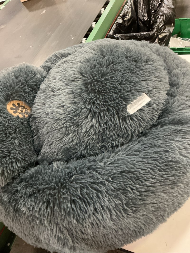 Condition photo showing As Is for petjett calming dog bed medium size dog - 30'' donut bed, round dog bed, anti-slip & washable super soft fluffy plush round bed, anti-anxiety premium comfort pet bed, fits dogs upto 45 lbs - dark grey dark gray medium - 30”l x 30”w x 8”th