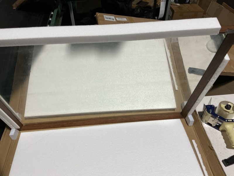 Condition photo showing As Is for weer walnut bathroom mirror 24x36 inch, walnut wood grain framed mirror, rectangle wall mounted bathroom vanity mirror with tempered glass, hangs vertically or horizontally, anti-rust walnut 36"l x 24"w