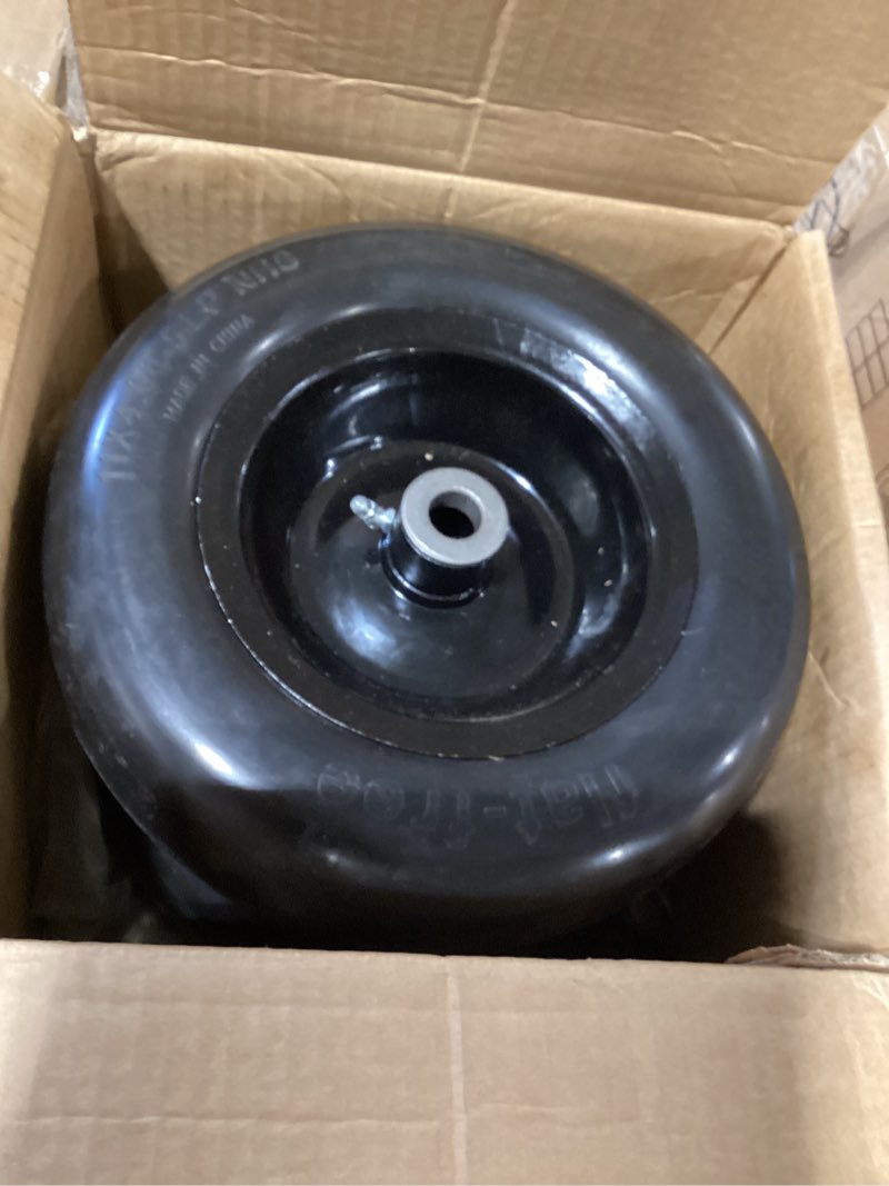 Condition photo showing As Is for 11x4.00-5 lawn mower tires flat free (2 pack),universal 11x4-5 solid smooth tractor turf tire with rim, 3.4" centered hub and 3/4" & 5/8" bushing, for zero turn mowers and riding lawn mower 11x4.00-5 (flat-free,smooth,bushings) black