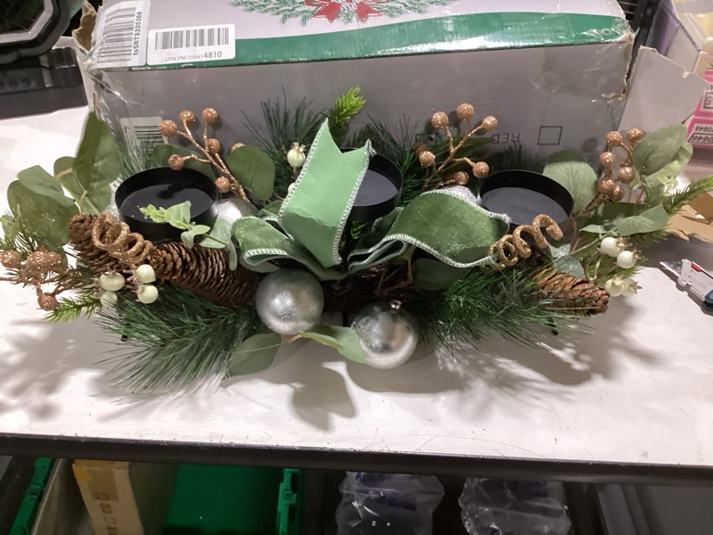 Condition photo showing Good Condition for yuletime 28" christmas triple candelabrum, poinsettia, baubles, red berries | three trays holder, tray diameter 3.15-in, candles not included, holiday centerpiece, red theme