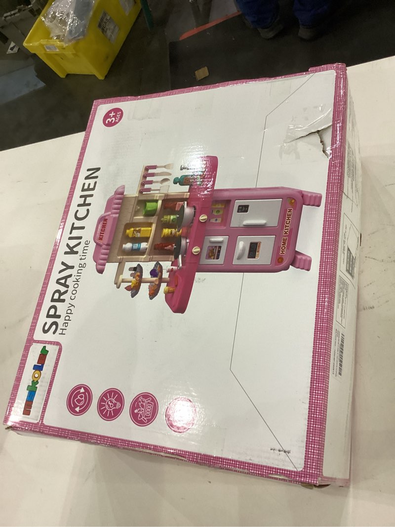 Condition photo showing As Is for 36 in Kids Kitchen Playset for Ages 2-6 4-8, Play Kitchen with Light, Sound and Spraying, Sink Toy Accessories, Cooking Stoves, Pretend Food Toys for Toddlers 1-3 3-5 Boys Girls 6-12 (Pink) Kitchen Toy with Play Food