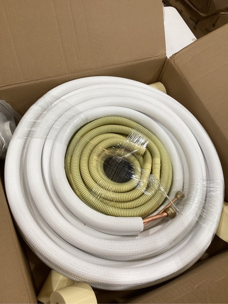 Condition photo showing Good Condition for 50ft length mini split line set 1/4" 3/8" od copper pipes tubing and 3/8 white pe thickened insulated with flared nuts for mini split air conditioner hvac or heat pump for 9000btu (1/4+3/8 with wires) 50ft(1/4+3/8)with wires