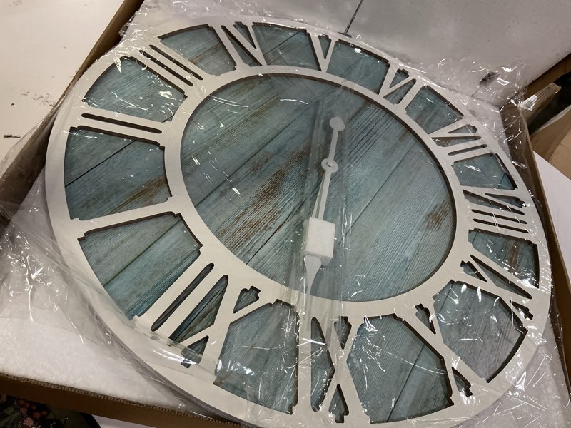 Condition photo showing Good Condition for 1st owned wall clocks for living room decor,24" vintage,round silent non ticking,black metal,modern wood clocks for home bedroom,kitchen,garden,office,cafe,modern wall decoration -roman numerals blue 24 inch