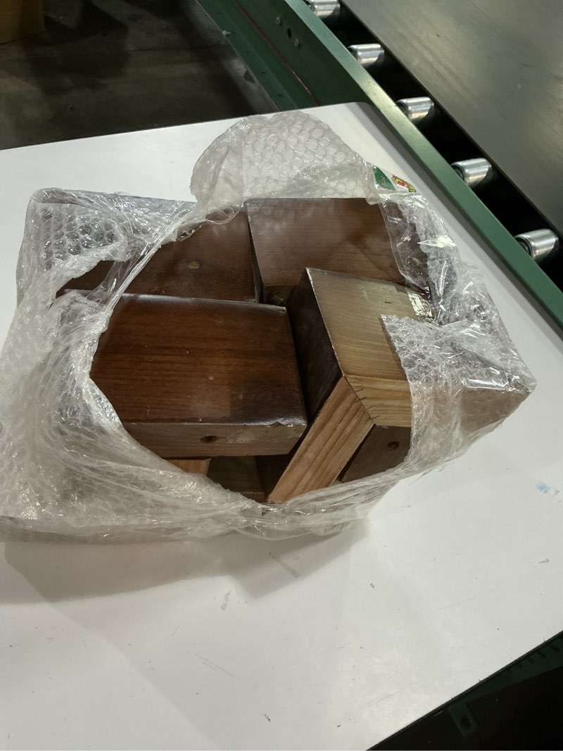 Condition photo showing As Is for 8 pack l shaped wood furniture legs, 4 inch height wooden bed riser for sofa, dresser, table, 5.9 x 2 x 4 inch, walnut brown