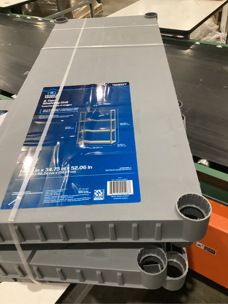 Condition photo showing As Is for project source plastic 4-tier utility shelving unit (34.75-in w x 15.06-in d x 52.625-in h), gray, (50-lb capacity per shelf)