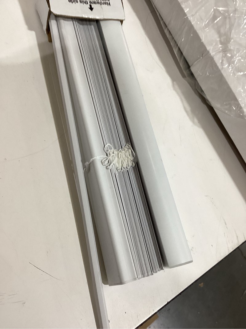 Condition photo showing As Is for project source room darkening 1-in slat width 27-in x 64-in cordless white vinyl room darkening mini-blinds