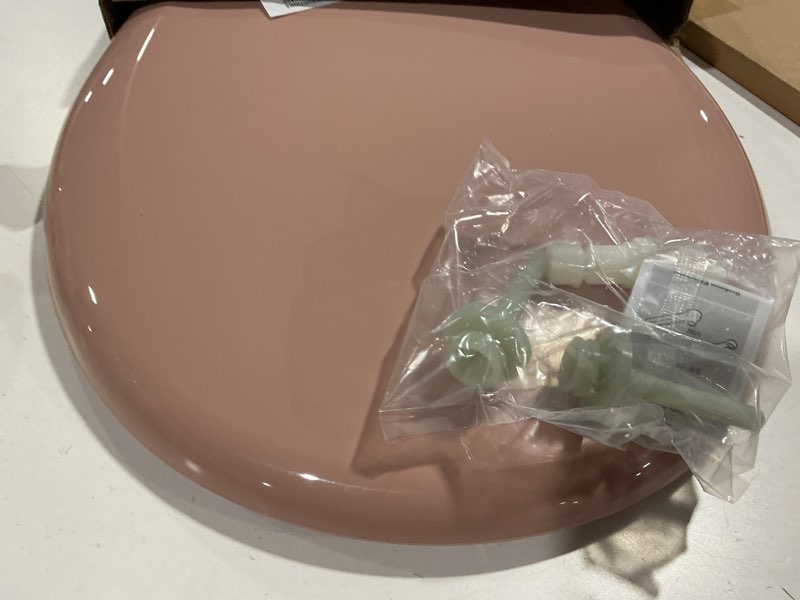 Condition photo showing As Is for Bemis Classic Colors Slow Close Toilet Seat, Easy Clean Hinges and Durable Plastic Seat, Made in USA, Round, Wild Rose Round Wild Rose