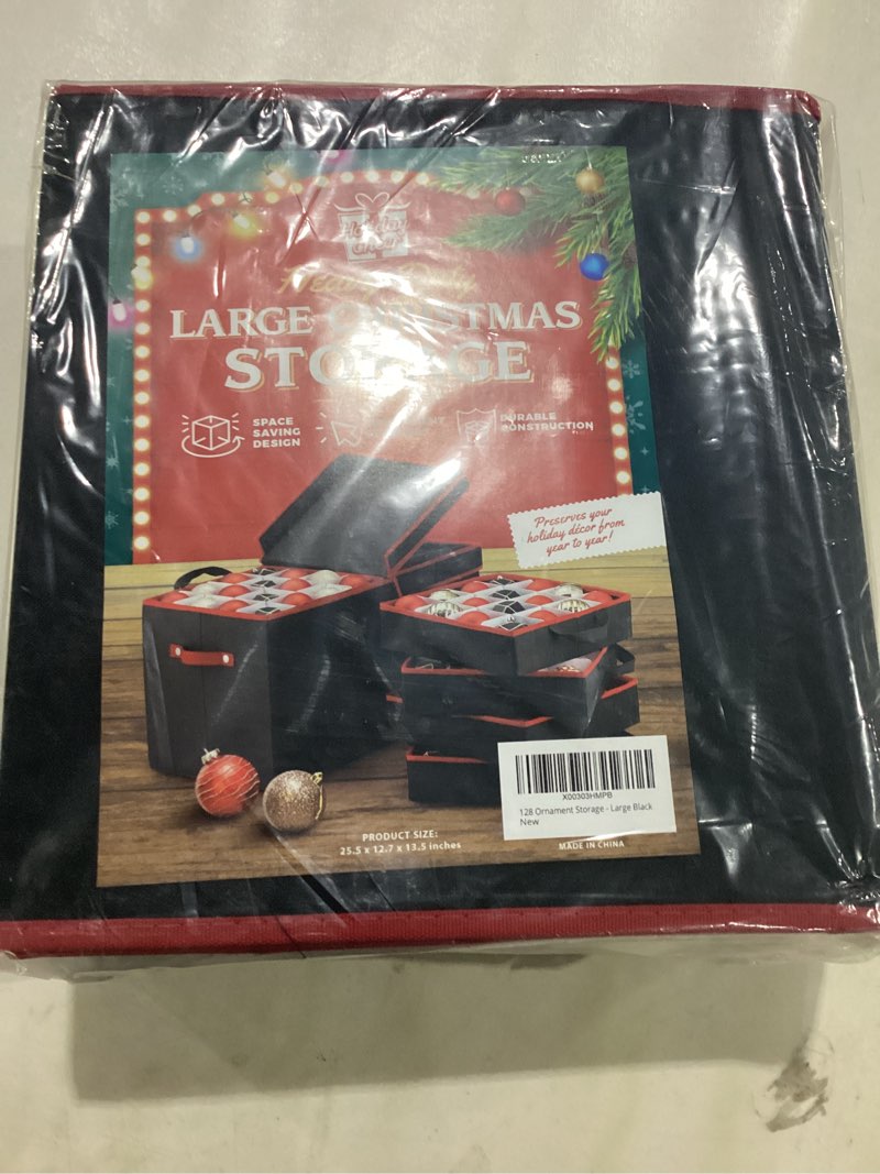 Condition photo showing New/Like New for Black, Holiday Cheer Premium Christmas Ornament Storage with 8 Tray – Christmas Storage Container with Dividers Perfect for Holiday Decorations– Fits 128 Holiday Ornaments – Tear-Proof Fabric Black, Large