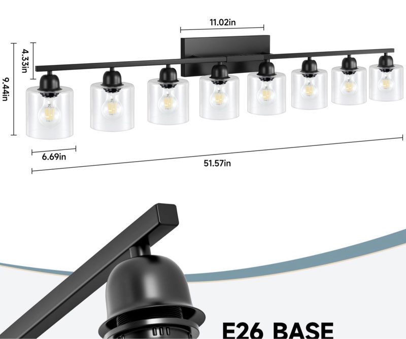 8 Light Black Bathroom Light Fixtures Over Mirror, Modern Bathroom Lighting with Clear Glass,51 inch Lights for Vanity for Oversized Mirrors, E26 Base