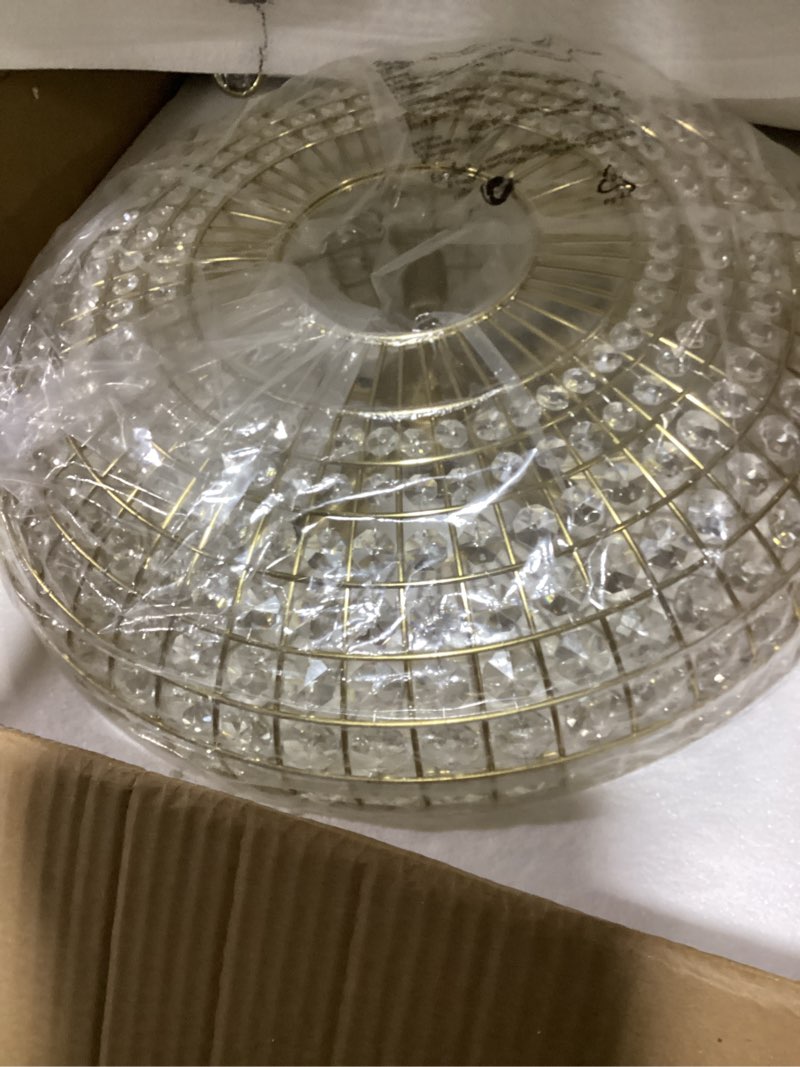 Condition photo showing As Is for 20.5" antique brass crystal chandelier, large farmhouse dining room light fixture, 5-light vintage crystal hanging chandelier for high ceiling living room kitchen island antique gold brass 21"w x 19"h