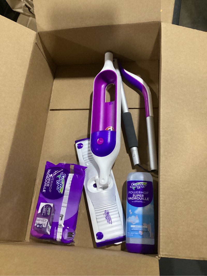 Condition photo showing Good Condition for swiffer powermop multi-surface mop kit for floor cleaning, includes powermop, 2 mopping pad refills, 1 cleaning solution with fresh scent and 2 batteries purple and white