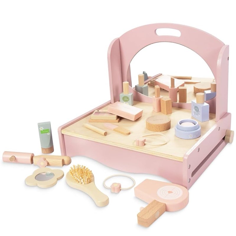 wooden vanity set for kids, pretend play toddler makeup vanity table toys with 360° rotatable mirror