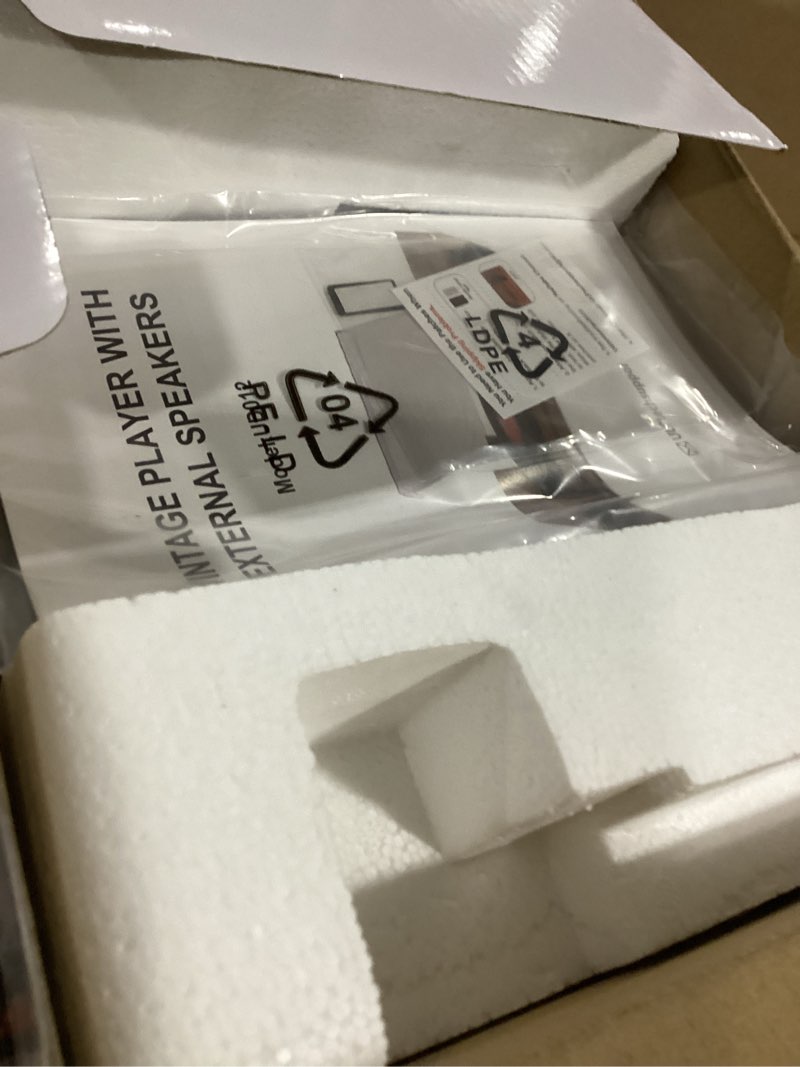 Condition photo showing As Is for record player with external bookshelf speakers belt-drive vintage turntable for vinyl records passive dual stereo speakers lp players 3 speed wireless aux headphone input auto stop retro brown wooden