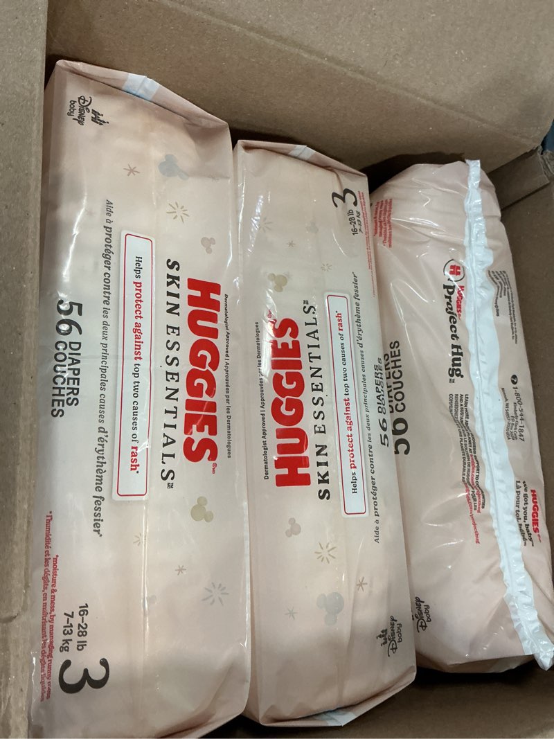Condition photo showing New/Like New for huggies size 3 diapers, skin essentials baby diapers, size 3 (16-28 lbs), 168 count (3 packs of 56), packaging may vary size 3 168