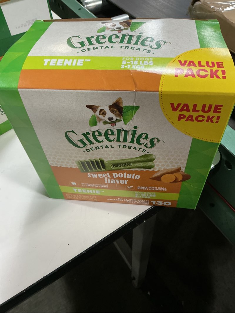Condition photo showing New/Like New for (( BEST BY/APR/28/2026))Greenies Dog Treats Veterinarian-Recommended Natural Dental Treats for Dogs, Teenie Size, Sweet Potato Flavor, 36 oz. Pack, 130 Count Sweet Potato 130 Count (Pack of 1)