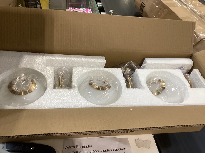 Condition photo showing Good Condition for modern bathroom vanity light fixtures 3 lights brushed brass frame and milk white glass globe shade modern wall sconce lighting bath vanity lights bar over mirror (exclude g9 bulb) brushed brass 3 lights