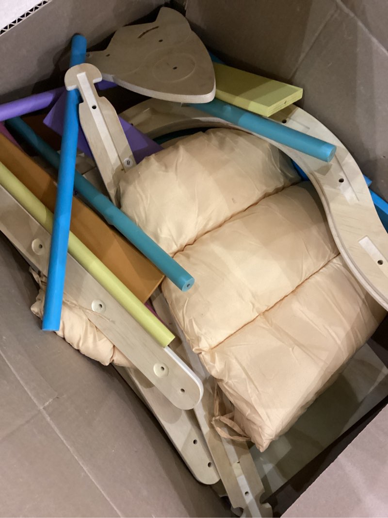 Condition photo showing As Is for Pikler Triangle Set with Cushion, 9-in-1 Kids Climbing Toys for Toddlers 1-3 Inside, Montessori Toddler Climbing Toys Indoor, Large Wooden Pikler Triangle Climbing Set Baby Playground for Children Rainbow Rocket Set