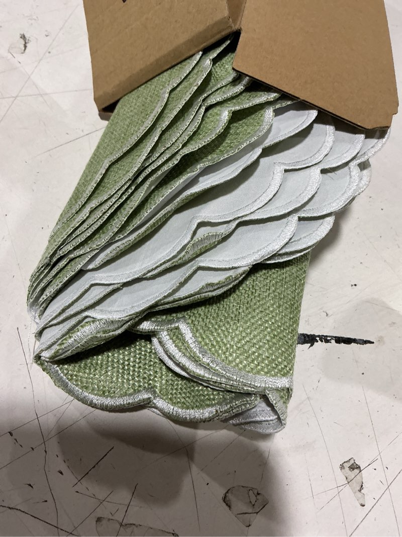 Condition photo showing As Is for set of 12 sage green cotton placemats 15 inch round scalloped embroidery placemats washable double layered rustic table mat fabric napkins for wedding table decor 12 sage green,white white edge