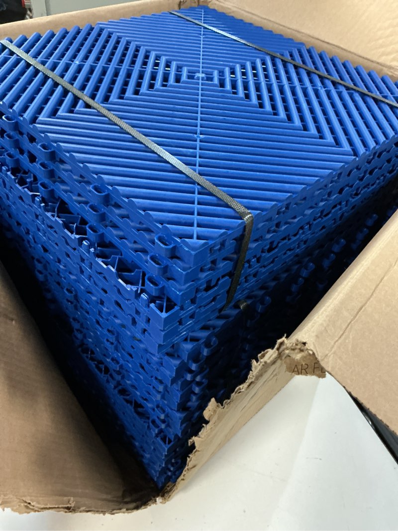 Condition photo showing New/Like New for swisstrax ribtrax pro garage floor tiles, 15.75", royal blue, 24-pack | interlocking 15.75" x 15.75" tiles | snap-together, no adhesives | commercial-grade polypropylene 24 pack ribtrax pro tile royal blue