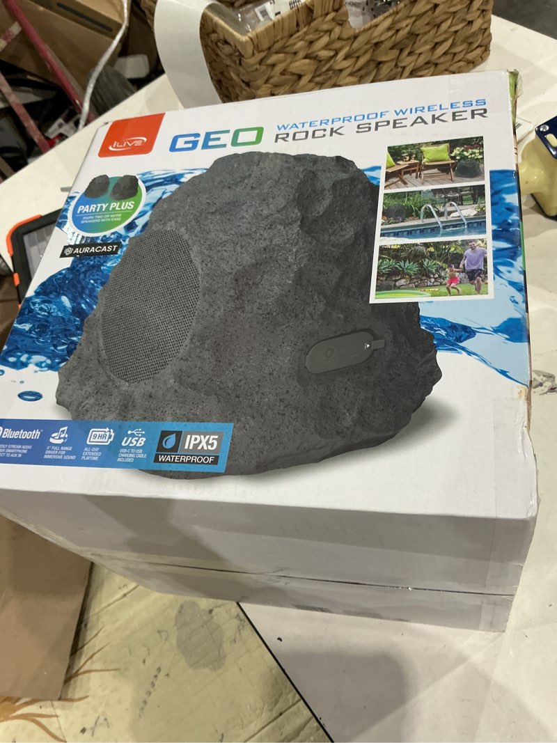 ilive geo rock ipx5 waterproof with auracast 5 -watt bluetooth indoor/outdoor speaker in gray