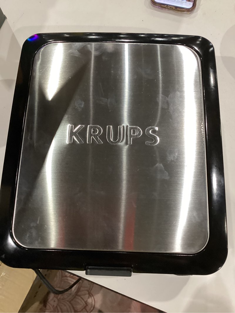 Condition photo showing As Is for krups 4-slice belgian waffle maker: stainless steel, 5 browning levels, audible ready beep, removable plates, 1200w, silver/black, large waffle maker family size, great for family breakfasts